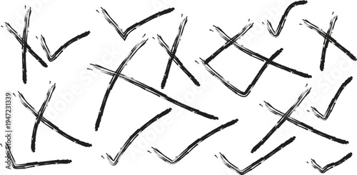 Black and white abstract pattern of hand-drawn check marks and crosses