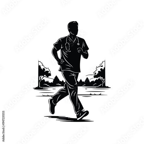 Medical doctor or nurse running in park silhouette healthcare concept
