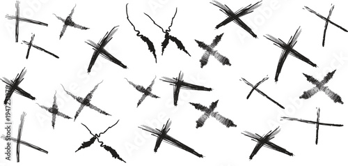 A chaotic collection of black ink cross marks scattered across a white background, symbolizing mistakes or cancellations