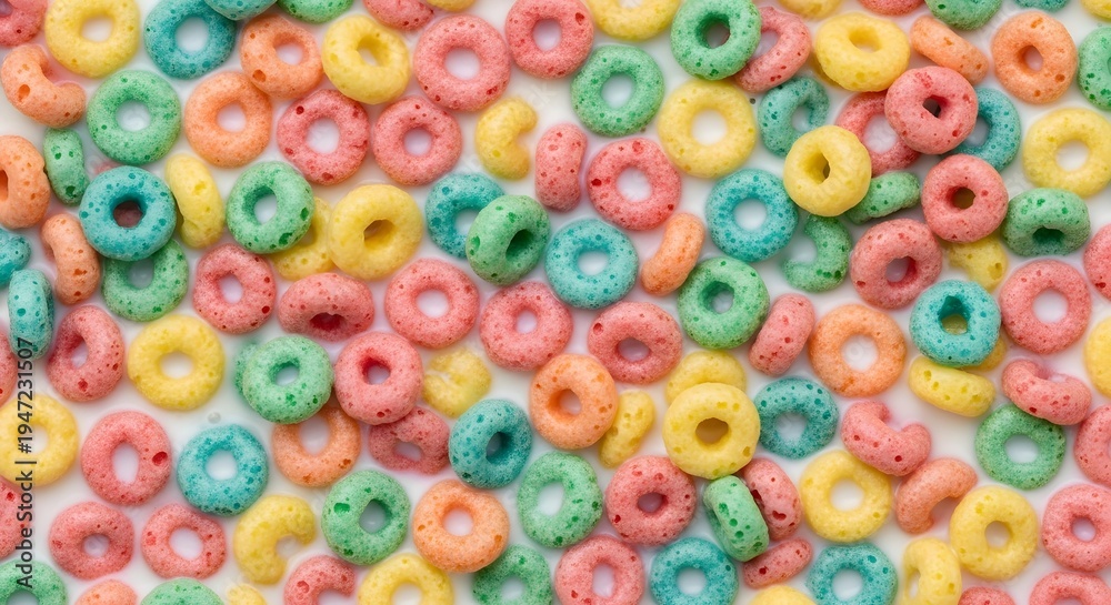 Fototapeta premium A colorful pile of breakfast cereal loops scattered across a white background