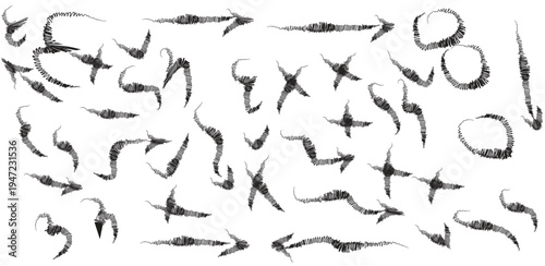 Versatile collection of gritty, hand-drawn arrow, cross, and circular mark shapes, perfect for adding an authentic, distressed texture or artistic design element to diverse creative projects