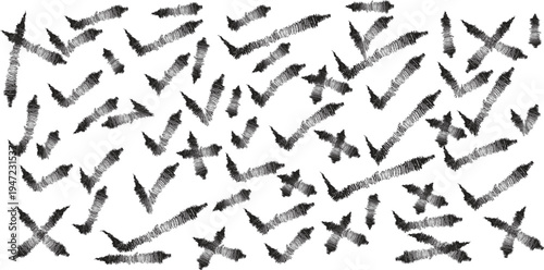 A randomized collection of black and white check marks and crosses scattered across a white background, creating a visually abstract pattern