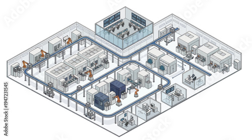 Isometric illustration of a modern factory floor plan with workers and machinery.