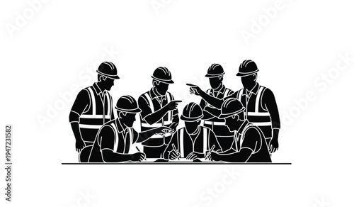 A silhouette of a group of construction workers in hard hats collaborating on a building project