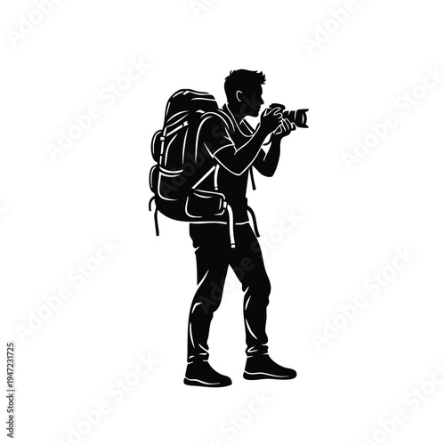 Photographer silhouette with backpack taking travel photo on journey