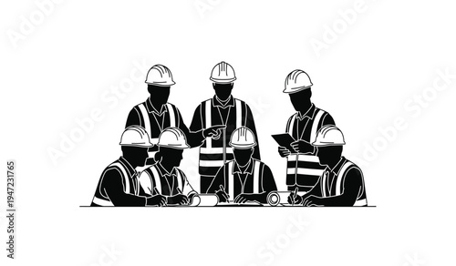 A silhouette of a group of construction engineers and workers collaborating on a project site plan
