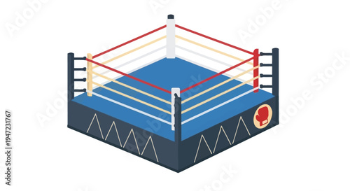 Isometric illustration of a boxing ring with blue canvas and red ropes