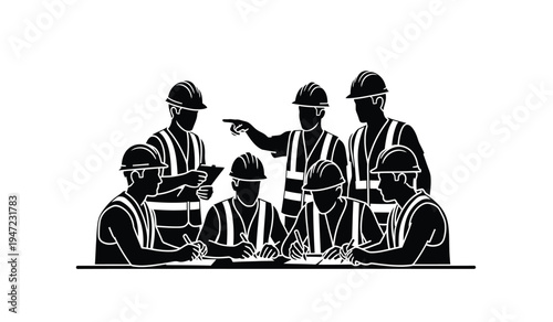 A group of construction workers in safety gear collaborating on a project plan at a job site area