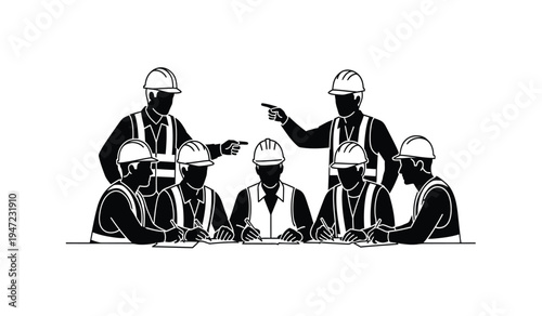 A group of construction workers in hard hats and reflective vests reviewing blueprints together