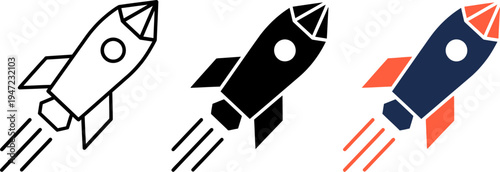 Rocket Startup Launch Icon Set — Upward Growth, Innovation, Strategy, Marketing and Business Progress Symbols
