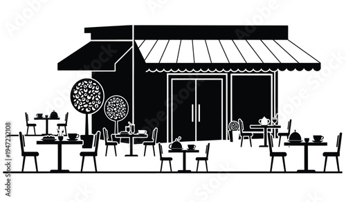 A black and white graphic illustration featuring a small boutique cafe with outdoor seating area