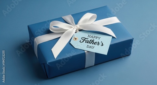 Happy father's day gift blue wrapped present with white ribbon and tag
