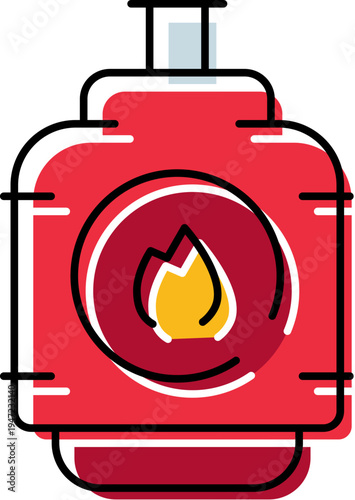 Red gas cylinder icon with flame symbol representing fuel and energy, warning of flammable contents and fire risk for domestic and industrial heating, storage, and safety contexts