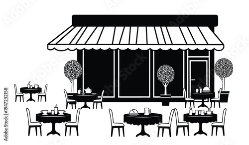 A black and white graphic illustration featuring an outdoor sidewalk cafe with tables and chairs