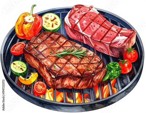 Grill with steaks and vegetables, vibrant colors. Fire burning underneath. Top-down view, watercolor style
