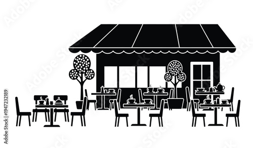 A black and white line art illustration of a small street cafe with outdoor tables and seating