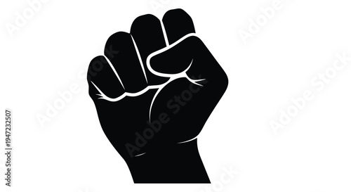 A stark black silhouette of a raised fist against a plain white background