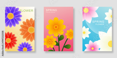 Spring flower poster illustration design set with beautiful colors. Modern creative and decorative design vector for cover, wall art, greeting card and seasonal template.