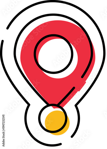 Location pin with a vibrant red shape and a yellow accent, designed with a distinct outline style, indicating a specific position or destination on a virtual map