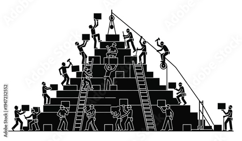 A black and white graphic illustration depicting a group of people building a large stone pyramid