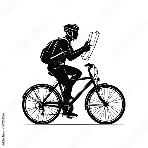 Silhouette of cyclist on bicycle looking at map for directions