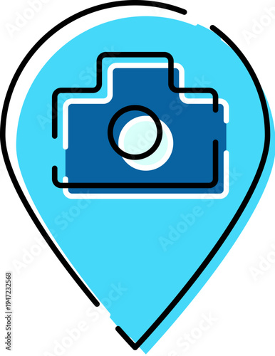 Blue map pin icon with camera logo, symbolizing travel photography, geotagging and navigation, modern minimal ui graphic for destination, journey, discovery and memory capture