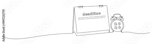 A continuous single line drawing of a desk calendar showing deadlines with an alarm clock beside it. Ideal for office concepts, project management themes, etc.