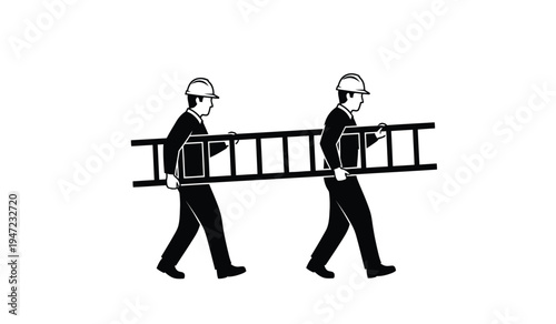 Two construction workers wearing hard hats while walking together and carrying a long metal ladder