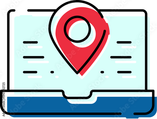 Laptop screen displaying a red location pin and map elements, illustrating digital navigation, online presence, and location tracking through modern technology and internet services