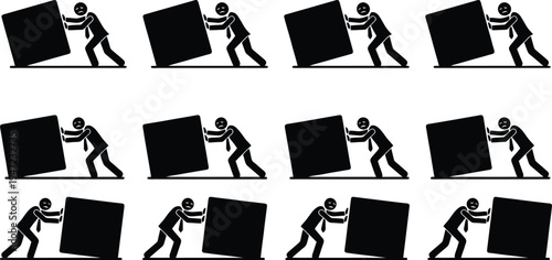 Set of 12 Businessmen Pushing Heavy Black Cubes Vector Illustration for Effort and Challenge