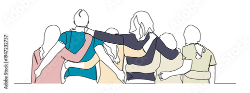 A continuous single line drawing of a group of friends standing together with their arms around each other. Ideal for social themes, community support campaigns, etc.