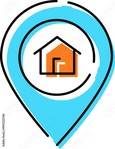 Location pin icon with orange house symbol on map, signifying real estate and property search, address navigation, finding a home or business, rental and sale destination marker