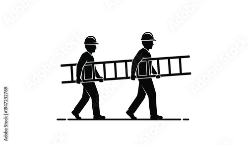 Two construction workers wearing hard hats walking while carrying a long ladder between them
