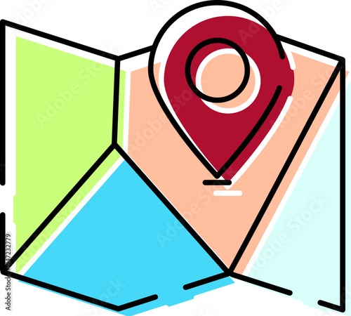 Folded map with a red location pin highlighting a specific point, illustrating concepts of navigation, travel planning, tracking position, and discovery