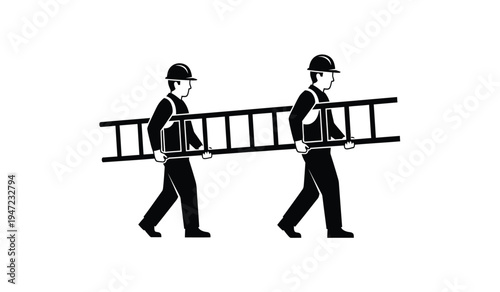 Two construction workers wearing safety helmets and vests while carrying a long metal ladder together