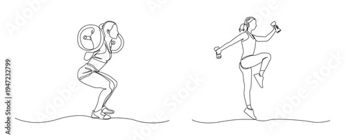 A continuous single line drawing depicting a woman doing strength training with dumbbells and a barbell. Ideal for sports concepts, training programs, gym promotions, etc.
