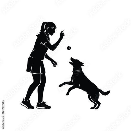 Silhouette young woman playing with dog throwing ball for pet animal