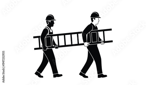 Two construction workers wearing safety helmets and carrying a long metal ladder together side by side