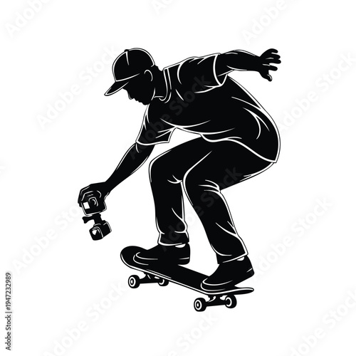 Skateboarder silhouette filming with action camera riding skateboard