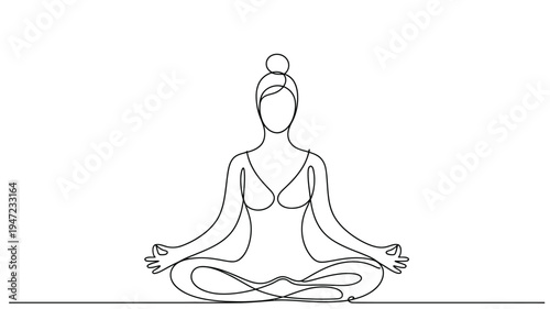 Woman Sitting in Lotus Pose Continuous One-Line Yoga Drawing
