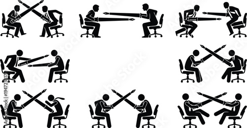 Two stick figures sitting at a table, using long pens or swords to interact, depicting various stages of conflict, negotiation, and cooperation.