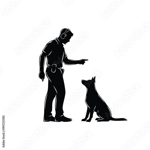 Trainer silhouette training dog with headphones pointing finger silhouette
