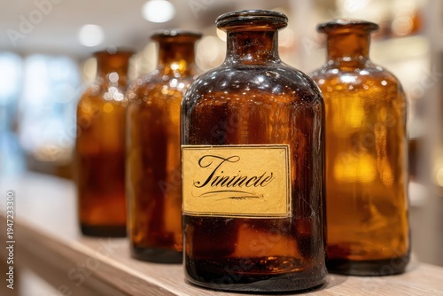 A close-up of a row of vintage brown glass apothecary bottles with labels, arranged on a wooden shelf with blurred background, creating a nostalgic and antique atmosphere.