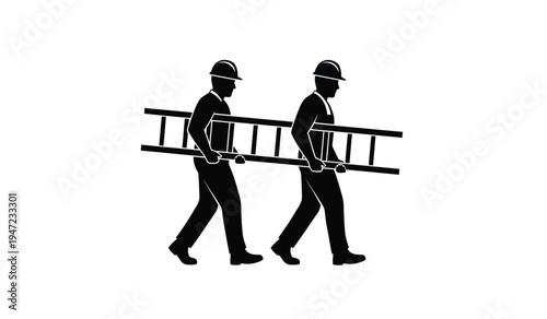 Two construction workers wearing hard hats while walking together and carrying a long metal ladder