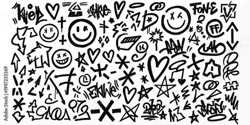 A collection of various hand drawn doodles and graffiti on a white background