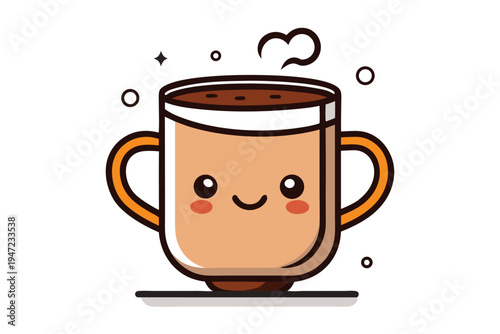 Adorable cartoon coffee mug character smiling cheerfully with steam rising on a clean white surface