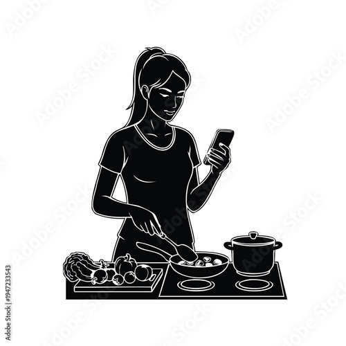 Woman silhouette cooking in kitchen while checking recipe on mobile