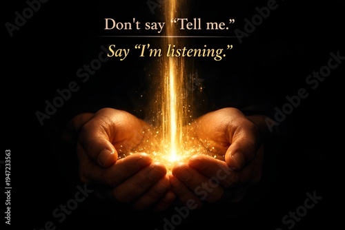 Cupped hands gently catching and holding a stream of glowing golden light in the dark, a beautiful visual metaphor for active listening and empathy.