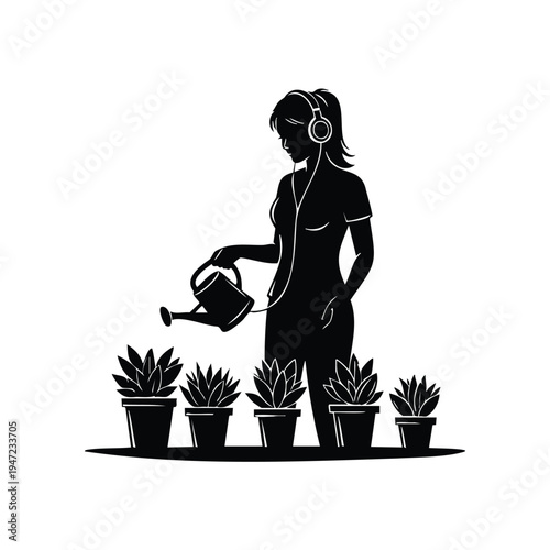 Woman watering garden plants while wearing headphones silhouette art