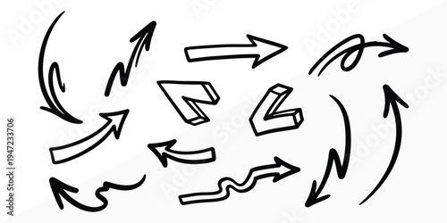 A chaotic arrangement of hand drawn arrows pointing in various directions